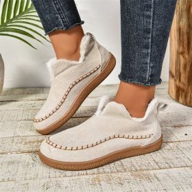Fashion V-cut Plush Ankle Boots Winter Plus Velvet Flat Snow Boot Casual Warm Solid Suede Cotton Shoes For Women (Option: Milky White-Size37)