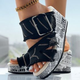 Newspaper Hem Platform Wedge Slides - Anklet Not Included (Option: US 6)