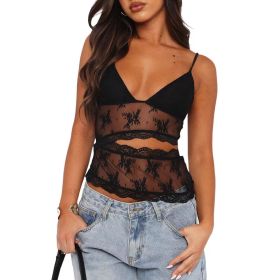 Lace Stitched Backless Small Sling Women V Neck Tank Top Underwear Vest Candy Color Bralette Clothes (Option: Black-M)