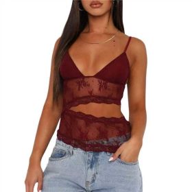 Lace Stitched Backless Small Sling Women V Neck Tank Top Underwear Vest Candy Color Bralette Clothes (Option: Wine Red-XL)